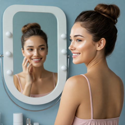 Radiant, confident woman in a mirror, focusing on her healthy-looking, glowing skin.